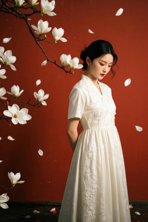 The cheongsam beauty under the magnolia tree, the charm of oriental womenの素材