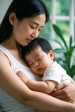 Mother's love flows quietly like water, and the baby sleeps peacefully in the mother's armsの素材