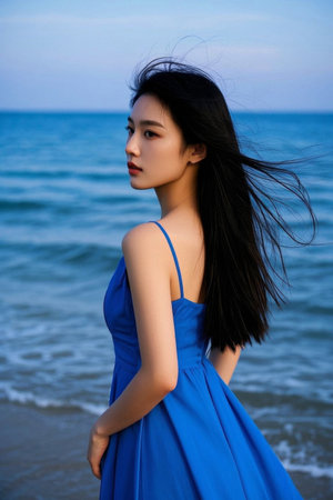 The girl with the sea breeze on her face, the romance of the blue skirtの素材