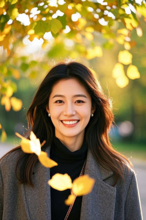 Sweet smiles under the warm autumn sun, beautiful moments of falling leavesの素材