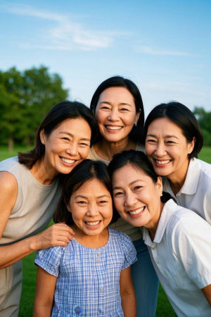 Happy times for three generations of grandparents and grandchildren, a warm family gathering in the sunshineの素材