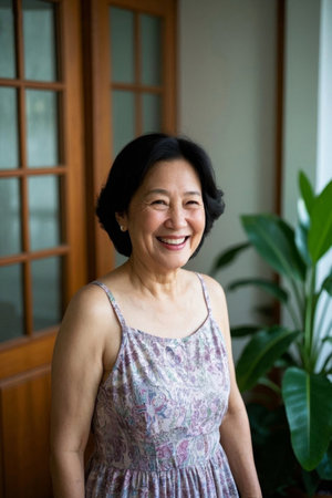 The bright smile of an elegant grandmother, a happy moment when the years are quietの素材