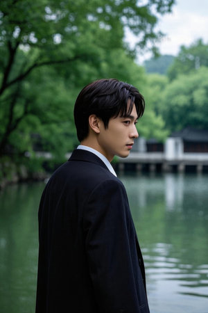 A contemplative oriental man by the lake, a modern figure in the gardenの素材