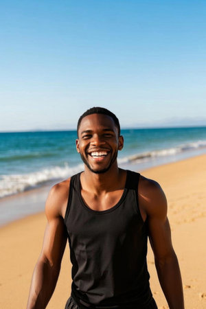 A confident smile in the beach sun, a vibrant summer beach runの素材