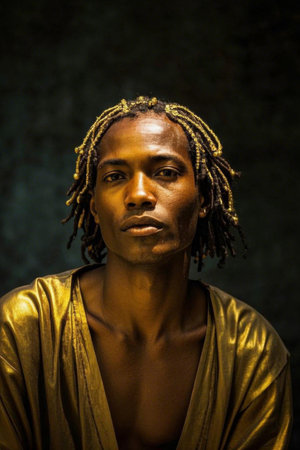 The African prince in golden light and shadow, the dignity and mystery of black menの素材