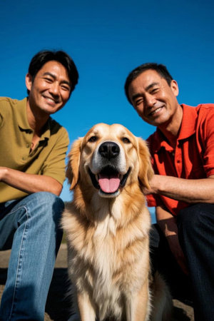 A golden retriever with a loving family under the sunの素材