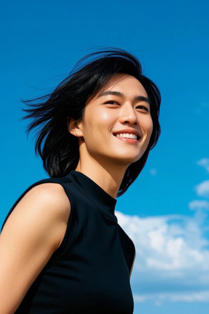 Confident smile reflects the blue sky, youth flying in the windの素材