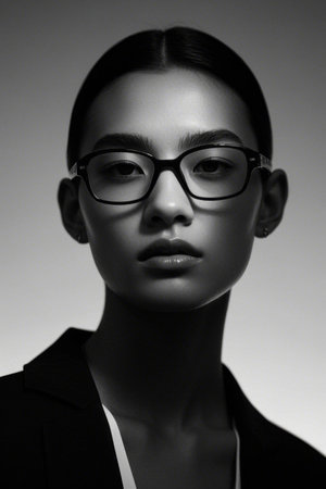 Intellectual beauty in black and white light and shadow, focused eyes under glassesの素材