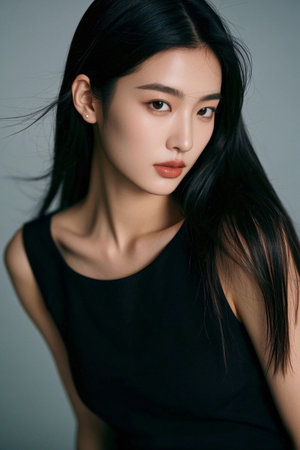 Oriental women's elegance, the fashionable charm of black and red lipsの素材