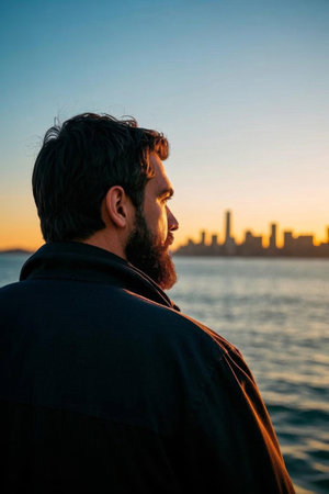 Thoughts under the night sky in the city, a man looking into the distance by the seaの素材