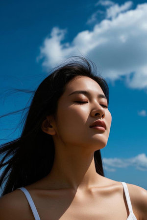 A peaceful girl looking up at the sky, breathing freely in the sunの素材