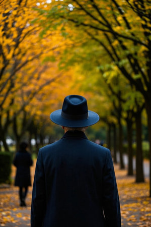 The back of an autumn gentleman, a traveler returning from falling leavesの素材