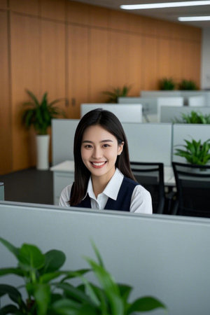 The confident smile of a beauty in the workplace, the bright sunshine in the officeの素材