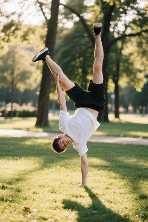 Young people stand upside down in park under sunshineの素材