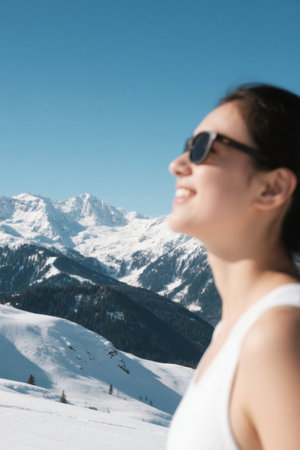 A girl at a ski resort gazing out at the mountains in the sunの素材