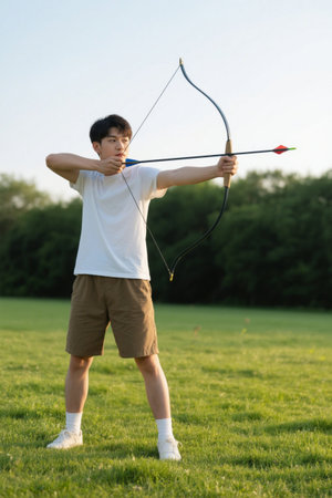 Young men practice archery outdoorsの素材