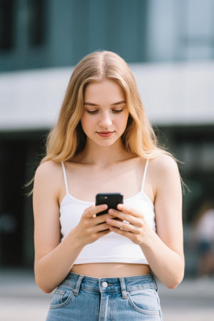 Young woman using mobile phone in the sunの素材