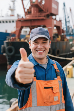 Dock workers give thumbs upの素材