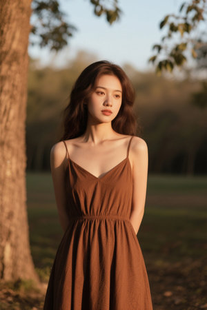 Young woman in brown dress at sunsetの素材
