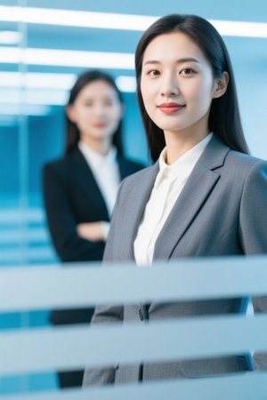Women in the workplace smile confidently and stare at the cameraの素材