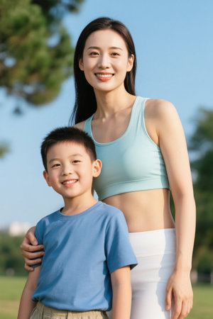 Happy time in the park for mother and sonの素材