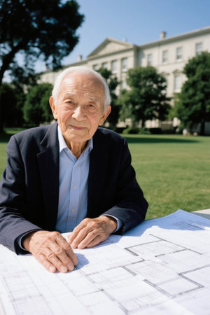 Elderly people review architectural design drawings outdoorsの素材