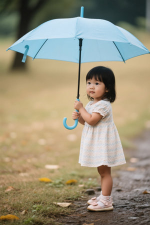 Cute moment of a little girl holding an umbrella in the rainの素材