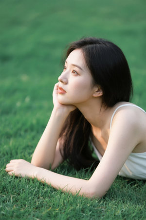 Girl lying on the side of the grass, contemplating the distant viewの素材