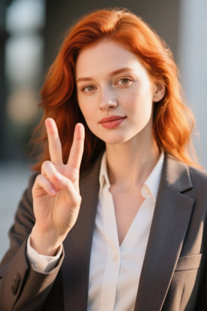 Redhead women's suit professional wear peace gestureの素材