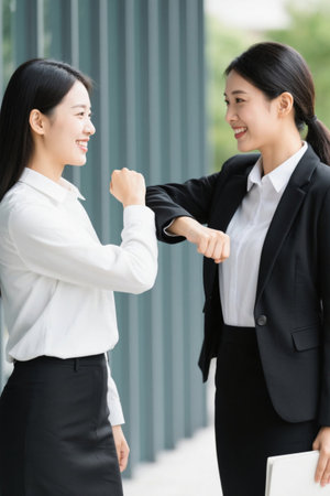 Elbow bump etiquette greetings for women in the workplaceの素材