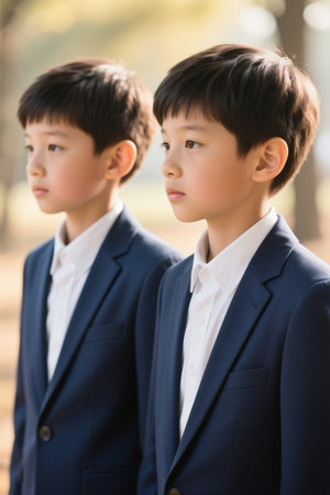 Twin boys wearing suits outdoor photoの素材