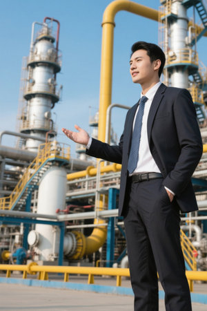 Suit man oil factory background gazing into the distanceの素材