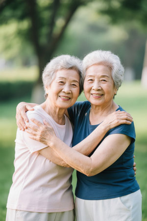 Two elderly women hugged and laughed in the parkの素材