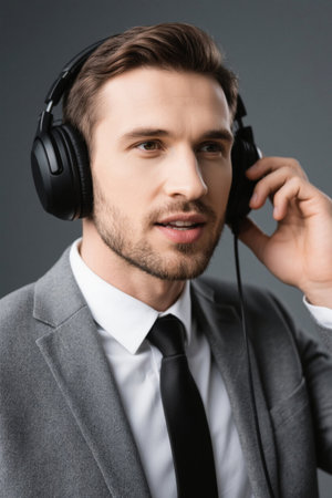 Men in suits and ties listening with headphonesの素材