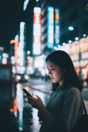 Woman looking at her phone in the urban street scene at nightの素材