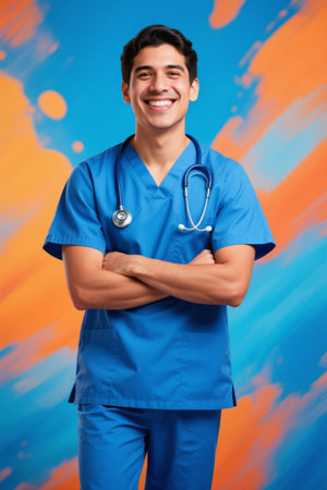 Smiling young male doctor blue uniformの素材