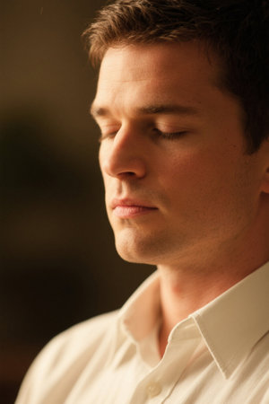 Portrait of a young man with his eyes closed and contemplativeの素材