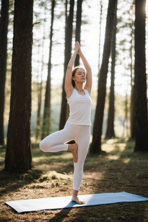 Young woman practicing yoga in the forestの素材