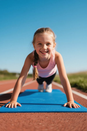 Happy girl outdoor exercise plankの素材