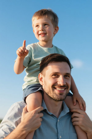The father's child pointed to the sky and smiled happilyの素材