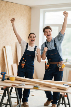 Young men and women carpenters celebrate successful projectsの素材