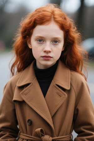 Red-haired girl in camel coat staring aheadの素材