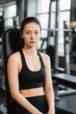 Portrait of a young woman in the gymの素材