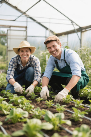 Happy young couple growing plants in greenhouseの素材