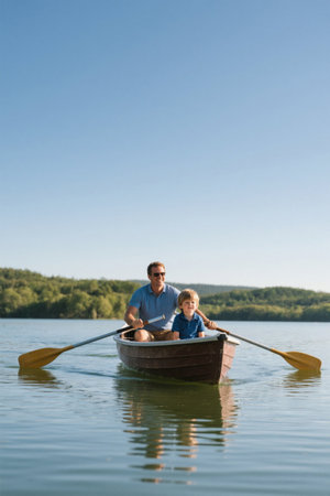 Father and son enjoy boating on the lakeの素材