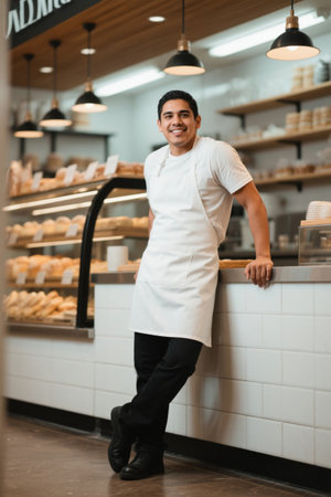 Young male bakery employee smiles against the wallの素材
