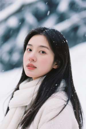 Beautiful girl in the winter snowの素材