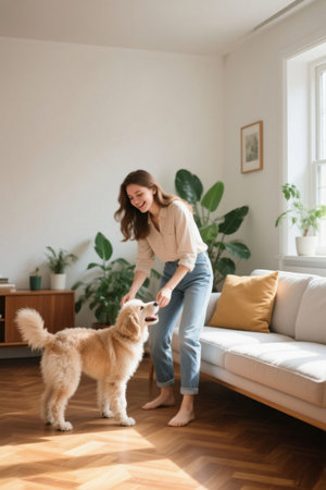 Young woman playing with golden retriever at homeの素材