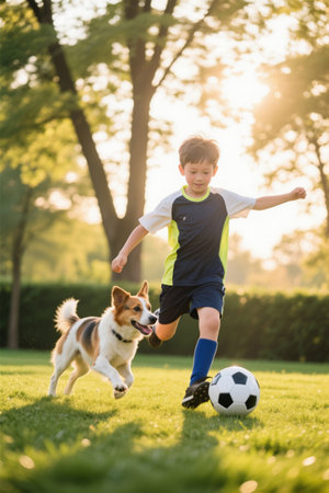 Boy plays football with his pet dog at sunsetの素材