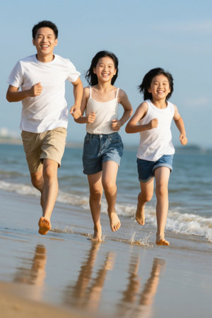 A family of three runs happily on the beachの素材